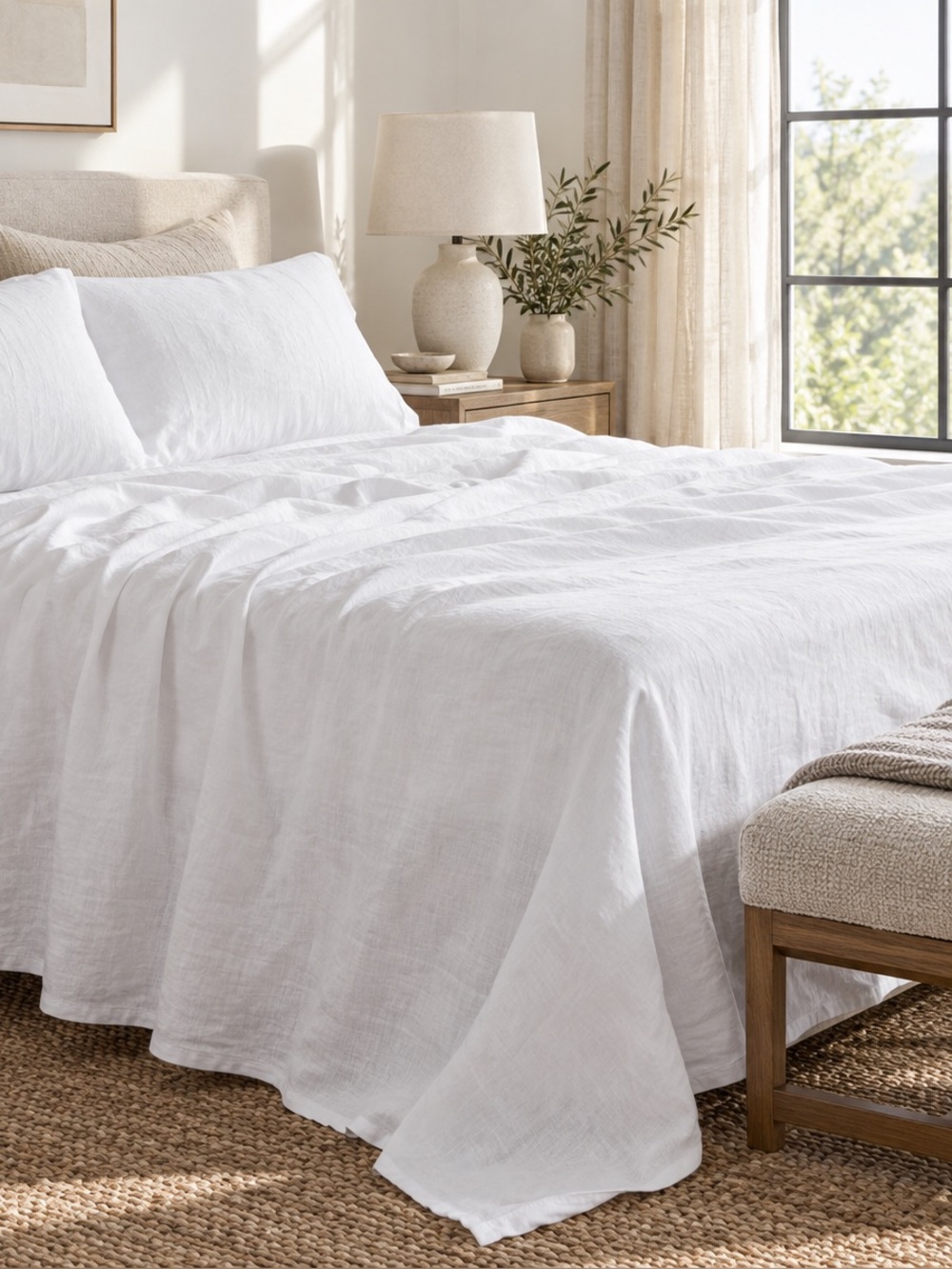 Quince European Linen King Sheet Set White 100% Flax Fitted & Flat Sheets